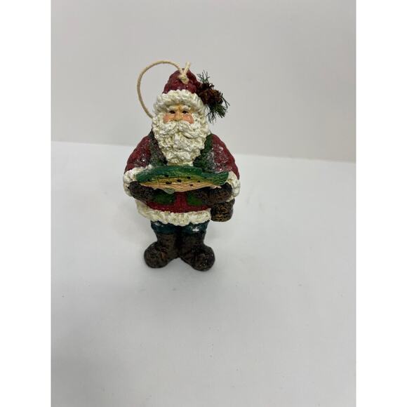 Vtg Santa Claus Fisherman Ornament Holding His Catch - Picture 1 of 3